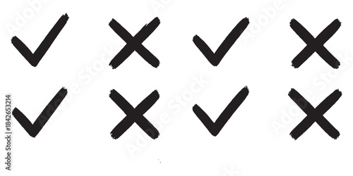 Grunge vector checkmark and cross. Grunge green check mark and red cross mark icon set. brush correct or incorrect sign with circle.