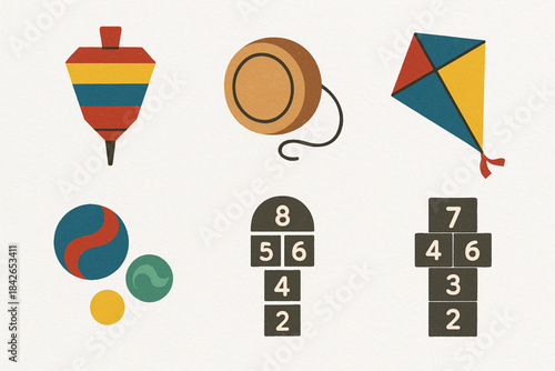 Venezuelan traditional toy icons in flat vector grid with rugged torn texture on white background