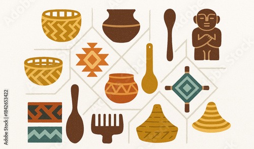 Venezuelan artisanal craft icons in flat vector grid with rugged torn texture on white background