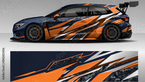 Dynamic orange and blue racing car wrap design on a sports hatchback.