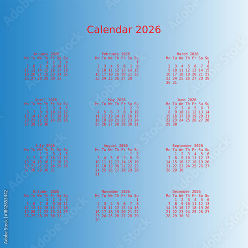 A visual representation of the complete 2026 calendar displaying months and dates