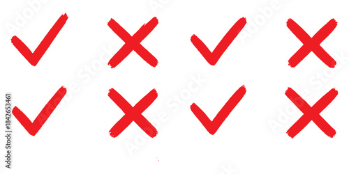 Grunge vector checkmark and cross. Grunge green check mark and red cross mark icon set. brush correct or incorrect sign with circle.
