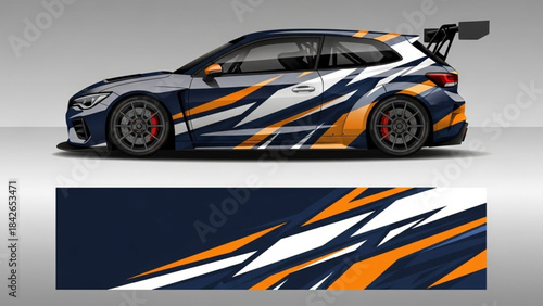 Dynamic orange and white abstract graphic wrap design on a dark blue sports car, with the full decal pattern displayed below.