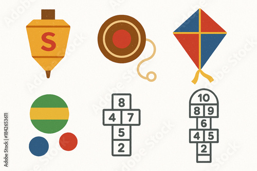 Venezuelan traditional toy icons in flat vector grid with rugged torn texture on white background