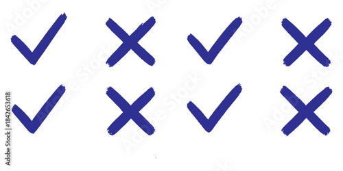 Grunge vector checkmark and cross. Grunge green check mark and red cross mark icon set. brush correct or incorrect sign with circle.