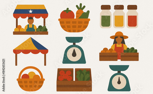 Venezuelan street market icons in flat vector grid with rugged torn texture on white background