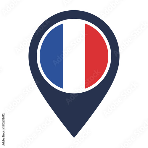 Location pin icon with French flag inside on white background marker