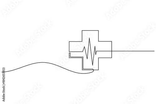 Continuous line art of a medical cross symbol with an ekg heartbeat line running through it