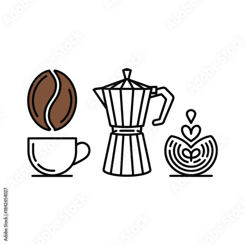Minimalist Line Art Coffee Icons Set Bean Cup Moka Pot Latte Art