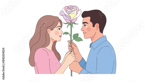 Love's Delicate Bloom: A tender moment unfolds as a man offers a captivating rose to a woman, symbolizing the beauty of their affection and the blossoming of their relationship.