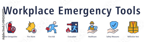 Workplace Emergency Tools banner showing Fire Extinguisher, Fire Alarm, First Aid, Evacuation, Healthcare, Measures, and Vest.