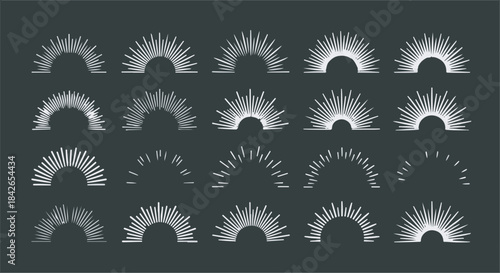 Set of vector sunburst semi-circle icons. Starburst radiating rays graphic design elements.