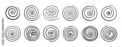 Doodle spiral swirl motion element set. abstract hand drawn round spiral line. spiral with a symbol inside