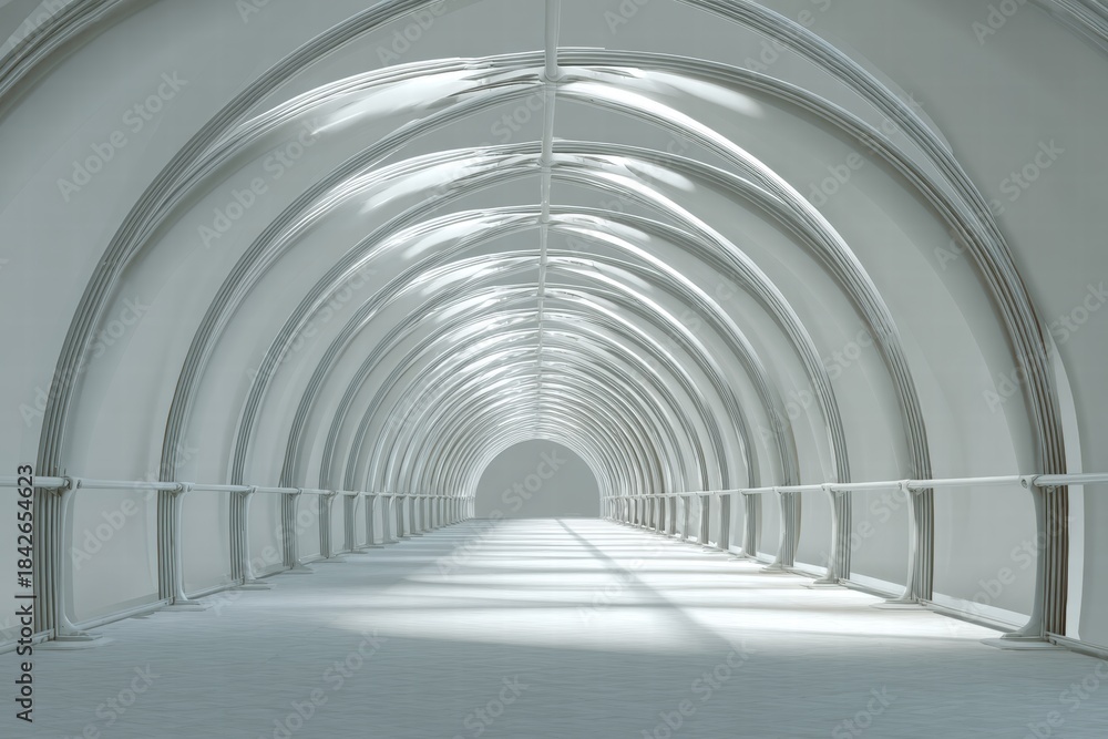 Obraz premium Monochromatic image displaying tunnel illuminated by natural light, creating a clean, minimalist atmosphere, featuring converging lines and curves.