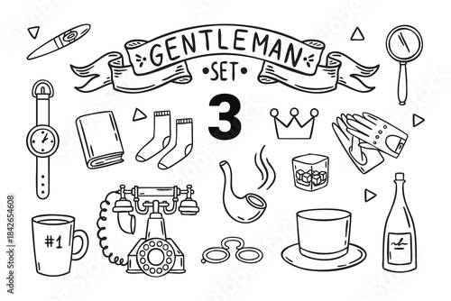 Vintage gentleman set with cigars wristwatch mug one retro phone pipe top hat glasses notebook gloves magnifier wine crown socks line art monochrome hand drawn