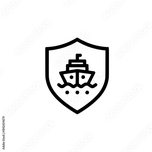 Shield with internal ship icon representing strong marine protection safe voyages and trusted ocean travel