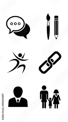 Universal black and white icons set communication creativity motion family connections person silhouette modern vector collection simple graphic elements for web design applications