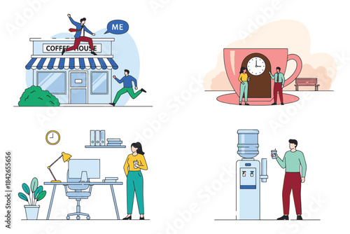 Illustrations of People in Coffee Shop and Office Settings