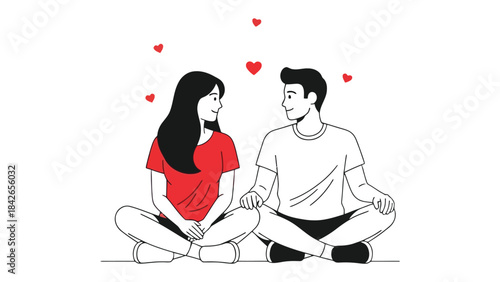 Eternal Embrace: A loving couple, seated, their gazes locked in mutual affection amidst a constellation of floating hearts, representing the enduring bond of love.