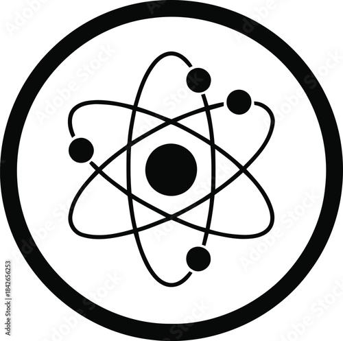 Black and white illustration of an atom isolated on