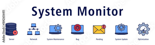 System Monitor banner with icons of Server, Network, System Maintenance, Bug, Pending, System Update and Optimization.