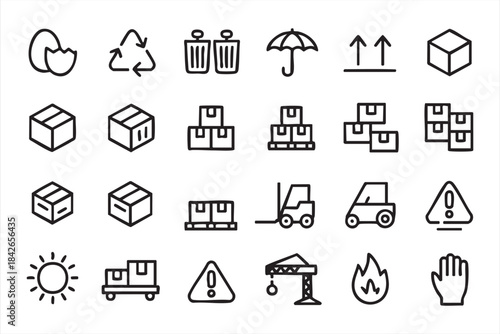 Industrial Shipping Symbol Set with Hazard Alerts, Parcel Handling, and Transport Markings