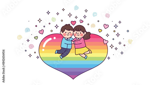 Affectionate Embrace: A depiction of two adorable figures sharing a heartwarming embrace, set within a colorful rainbow-themed heart, radiating an atmosphere of pure love and connection.