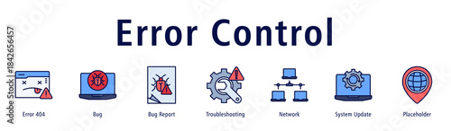 Error Control banner with icons of Error 404, Bug, Bug Report, Troubleshooting, Network, System Update and Placeholder.