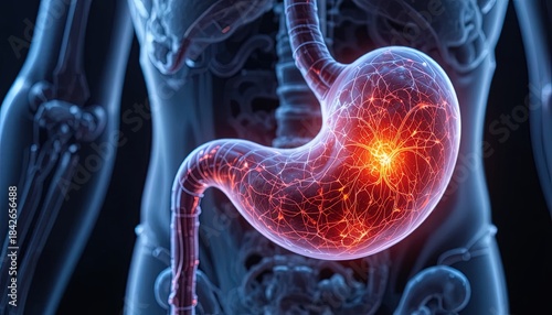 Detailed human stomach anatomy with glowing red nerves for medical illustration or healthcare presentation, showing visceral pain and digestive issues