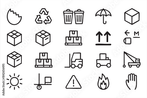 Warehouse Handling Icons for Pallets, Forklift Operations, Cargo Stacking, and Safety Labels