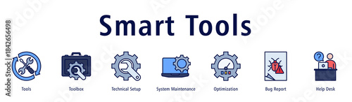 Smart Tools banner with icons of Tools, Toolbox, Technical Setup, System Maintenance, Optimization, Bug Report and Help Desk.