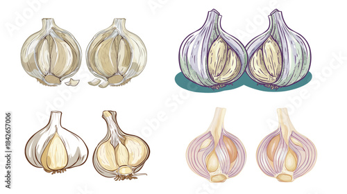 Fresh garlic head cut in half revealing cloves and texture, natural culinary ingredient isolated and detailed, healthy organic food concept for cooking, seasoning, kitchen use and nutrition themes
