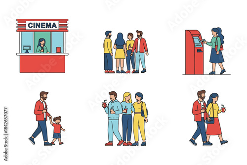Illustrations of people at a cinema buying tickets and snacks