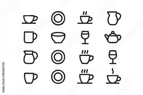 Minimal Drinkware Icons with Cups, Glasses, Bowls, and Teapots for Culinary Interfaces