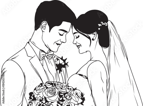Cartoon vector illustration of a loving bride and groom couple kissing on their wedding celebration day