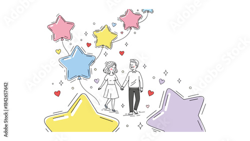 Stars and Sweethearts: A tender illustration depicts a couple hand-in-hand beneath a constellation of star-shaped balloons, symbolizing dreams, hopes, and shared aspirations.