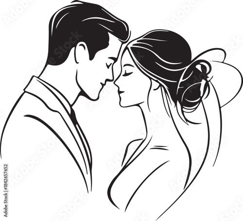 Silhouette vector art illustration of kissing wedding couple