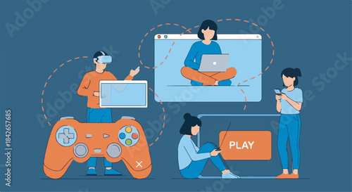 Modern flat illustration of young people engaging with online gaming, virtual reality, and digital entertainment