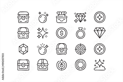 Treasure and Gem Icon Set for Game Rewards, Achievement Systems, and Collectible UI