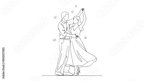 Romantic Waltz: A couple gracefully dances, their bodies intertwined in a beautiful moment of love, against a backdrop of delicate hearts. 