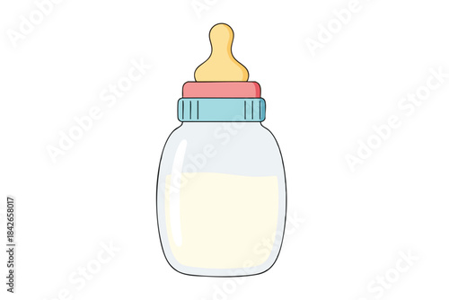 A cartoon baby bottle filled with pale liquid and a rubber nipple