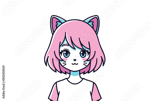 An anime-style cartoon character with cat features, pink hair, and blue eyes