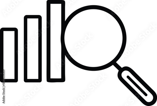 Magnifying glass inspecting web page, professional profile icon, analytics chart on clipboard, and clock. Ideal for research, recruitment, data analysis, business planning, user-focused insights