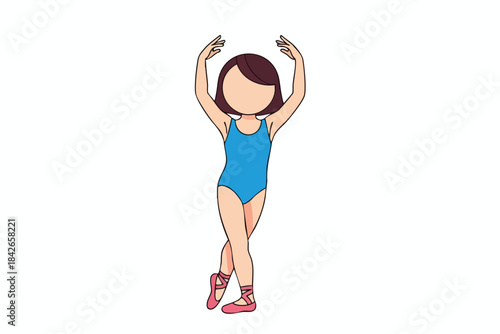 Cartoon ballerina in blue leotard, arms up, on pointe, cross-legged pose