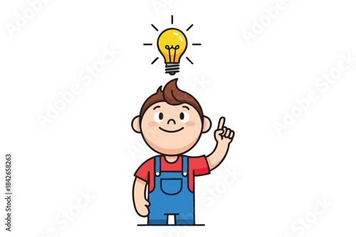 Cartoon boy has an idea, with a lightbulb above. He points up, smiling