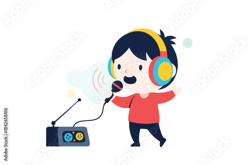 A cartoon child wearing headphones, speaks into a mic near a radio