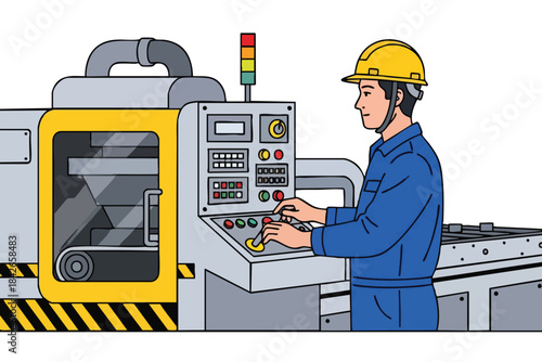 A worker in blue overalls and a yellow hardhat operates machinery with control panel
