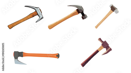 Simple color minimalist illustration of a hammer tool isolated on white background, clean flat design symbolizing construction, repair, craftsmanship, manual labor, DIY work and industrial concept