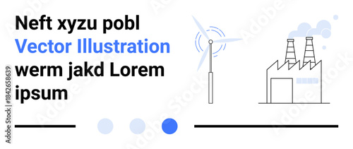 Wind turbine and factory with chimneys emitting smoke. Ideal for sustainability, energy, climate change, pollution, industry, green power, simple landing page