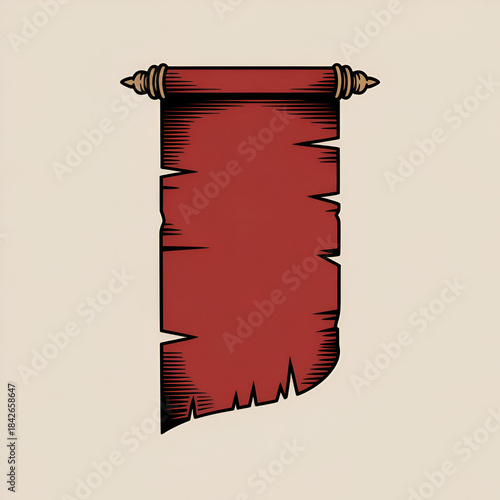 Red torn parchment scroll with wooden scroll ends on beige vactor background banner